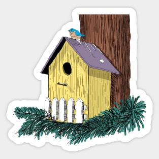 Funny Bluebird on Birdhouse Sticker